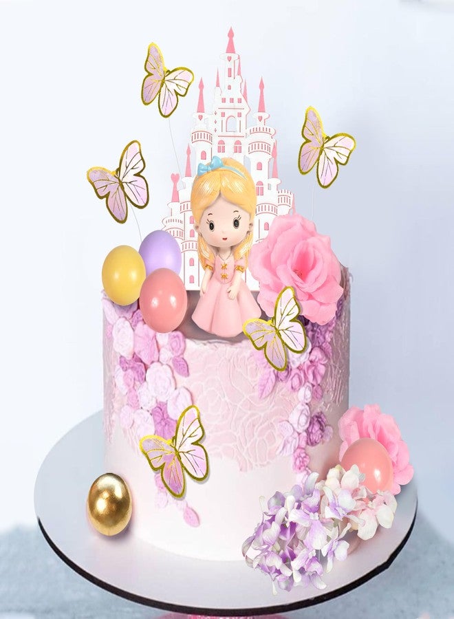 DRWATE 39 PCS Princess Cake Topper Castle Cake Decoration with Butterflies Artificial Flowers and Balls for Princess Birthday Supplies (Pink and Purple) - Image 4